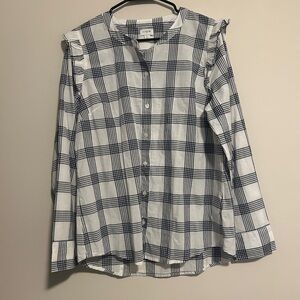 J. Crew Navy and White Checkered Shirt Ruffle Sleeves Band Collar J Crew preppy